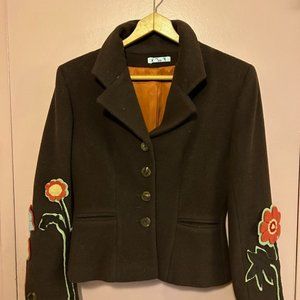 En Soie Brown Wool Blazer with Flower Applique